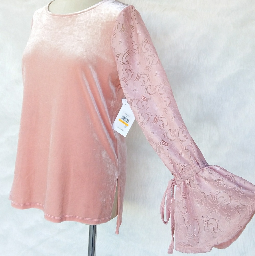 Kensie Pink Velvet Top Floral Lace Sleeves - Picture 7 of 8